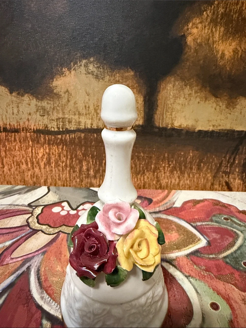 Porcelain Floral Bell - White with Pink, Burgundy & Yellow Roses